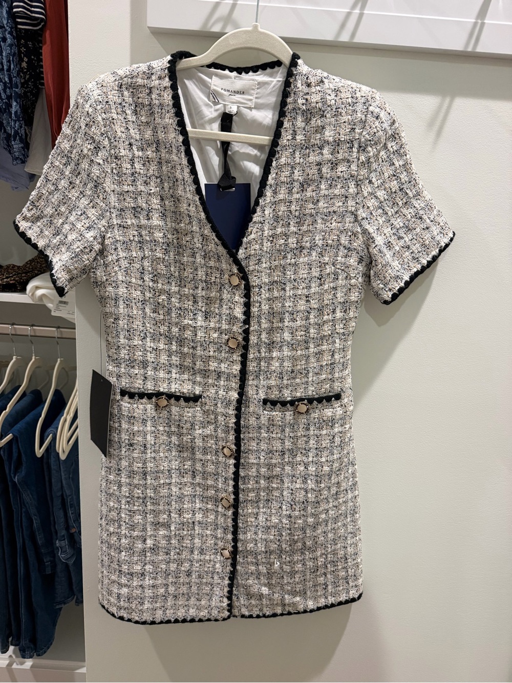 Pomander Place Black and White Tweed Short-Sleeve Structured Blazer Dress